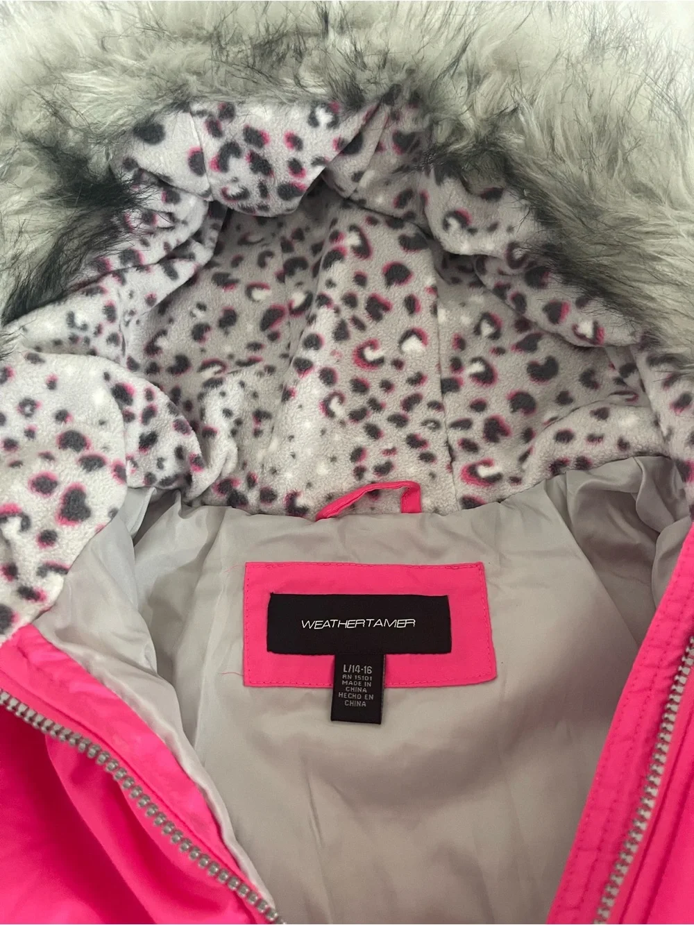Weather Tamer Girls Winter Coat L 10-16 Hot Pink Faux Fur Hood Puffer